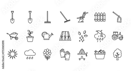 Agriculture and gardening line icon set. Farm and garden tools, equipment for planting, growing. Vector symbols for harvest, cultivation. Includes tractor, shovel, rake, plant.