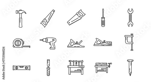 Carpentry tools line icon set. Woodworking, construction and repair equipment collection. Vector icons of hammer, saw, drill, plane, chisel, workbench for DIY projects.