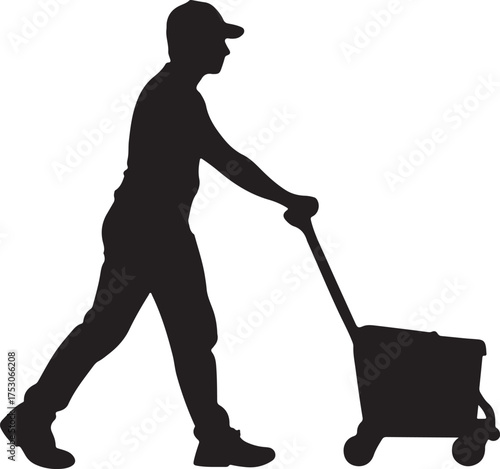 Silhouette of a man in pushing a rolling cart with a handle
