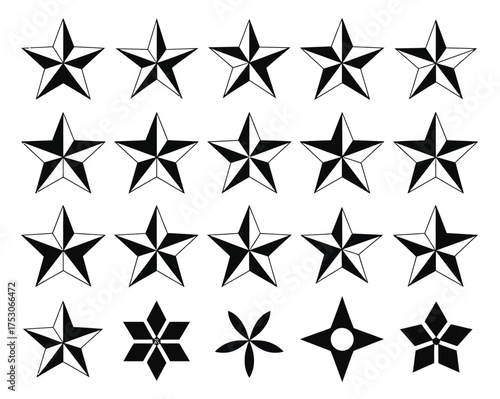 Set of ninja star icons, black vector silhouettes isolated on white background, throwing stars, shuriken illustration, martial arts weapon, stealth attack, Japanese ninja weapon vector