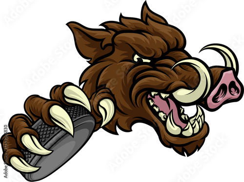 A wild boar, hog razorback warthog pig hockey sports cartoon mascot