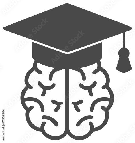Graduation cap on brain illustration representing intelligence, knowledge, and education.