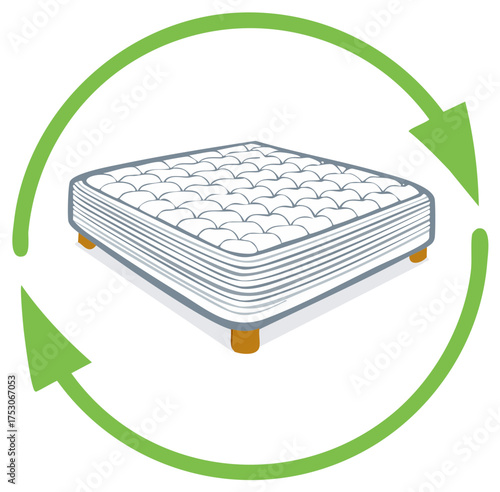 Recycle mattress graphic illustration with green arrow, environmentally conscious, home goods