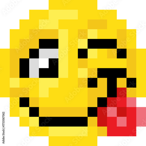Playful pixel art emoji emoticon winking with tongue out. Fun 8 bit digital icon with cheeky attitude, great for retro chat themes, gaming stickers, or classic emoticon inspired pixel collections.