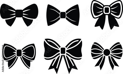 Set of Black Ribbon Bow Silhouettes Vector Illustration