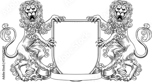Lions coat of arms or crest family heraldry medieval heraldic knight shield with helmet and acanthus filigree scroll ornament in a vintage woodcut style.