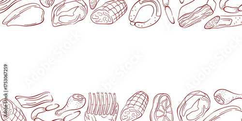 Border frame with various meat cuts, chicken, bacon in line art style. Perfect for butcher shop design, recipe book or flyer.