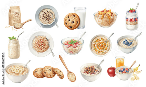 Watercolor Breakfast Set with Healthy Oatmeal and Granola