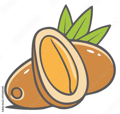 Vibrant cartoon vector illustration of fresh kumquats with lush green leaves and a sliced fruit revealing juicy pulp