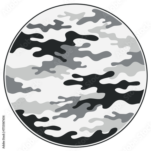 Monochrome urban camouflage abstract pattern vector illustration in a circular frame for design