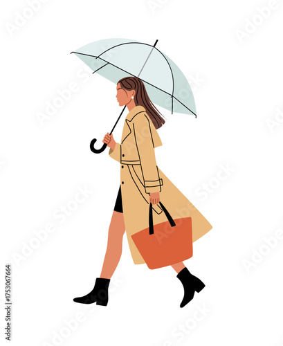 Stylish vector illustration of a woman walking with an umbrella, wearing a beige trench coat, black boots, and carrying a brown tote bag. Modern flat design, isolated on transparent background