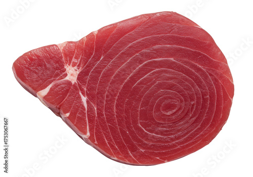 Isolated slice of raw tuna steak, fresh meat protein ingredient for healthy nutritious meal