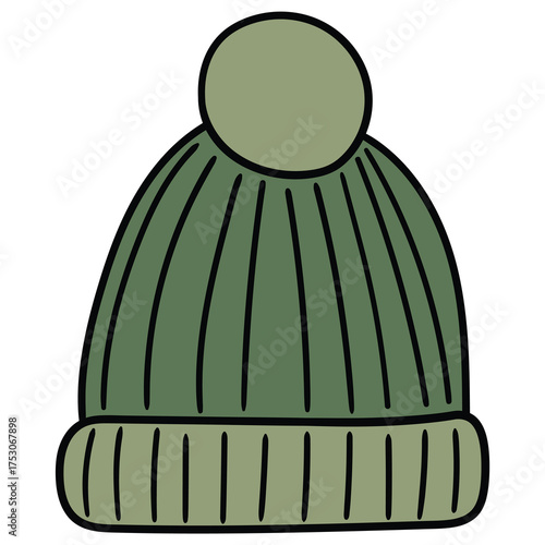 Hand-drawn cartoon green warm winter hat on a white background.