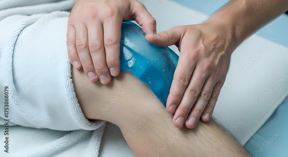 Fototapeta premium Hands Applying Cold Compress to An Injured Knee for Therapeutic Pain Relief and Recovery in a Clinical Setting