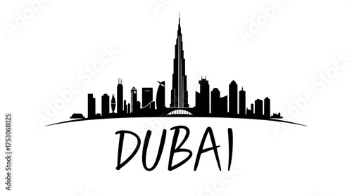 A detailed vector illustration of the Dubai skyline at eye-level, rendered in solid black on a pristine white background, showcasing the iconic Burj Al Arab in silhouette form, along with surrounding 