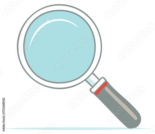 Illustration of a magnifying glass for exploration, science, investigation, or searching, with light blue lens and gray handle