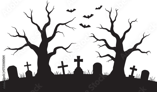 Spooky Haunted House with Bats, Black Cat, Moon and Tree – Halloween Night Silhouette Illustration