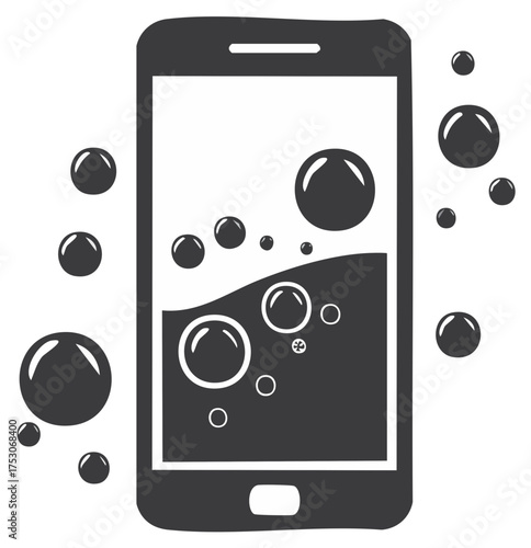 Smart phone screen display shows liquid and bubbles black and white icon modern cell device graphic concept