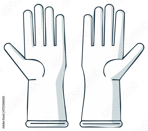 Pair of white protective rubber gloves for cleaning or medical use depicted in a simple line art style