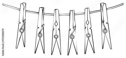 Six traditional wooden clothespins clipped onto a clothesline in a simple line art style.
