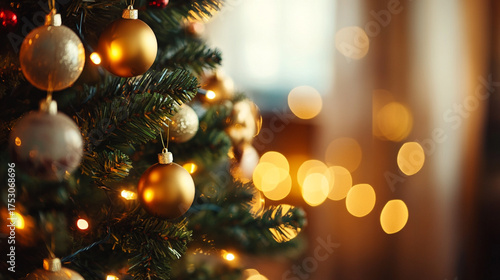 Christmas tree with golden baubles and blurred festive light background