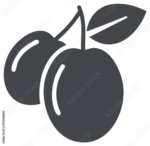 Two plums with leaf on a branch flat vector icon simple graphic symbol