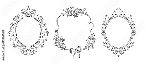 Set of vintage decorative frames with roses, ribbons, ornate details. Whimsical line art vector in quickly sketched style. Template for wedding invitations, romantic designs, greeting cards, posters.