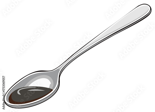 Spoon filled with dark brown liquid, food item presentation, cooking ingredients preparation, isolated metal teaspoon close-up