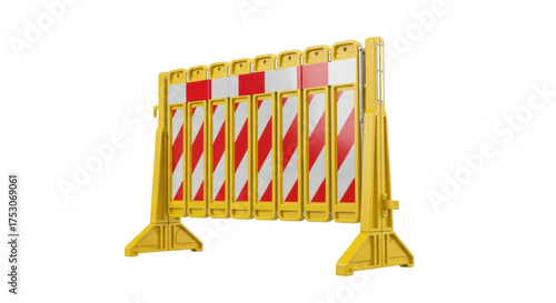Isolated yellow plastic road construction barrier for crowd control and traffic safety