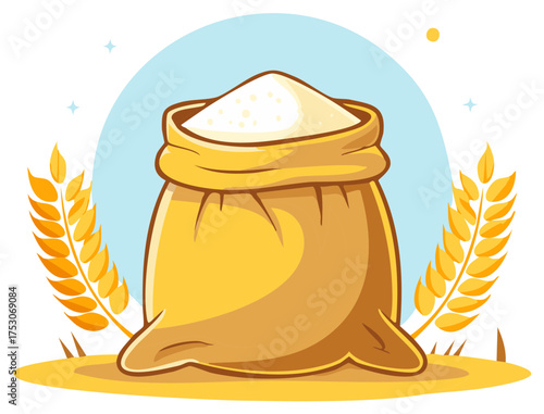 Illustration of a Sack Full of Flour with Wheat Stalks Around It