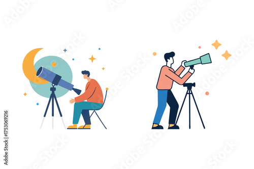 People stargazing with telescopes under a crescent moon artistic silhouette