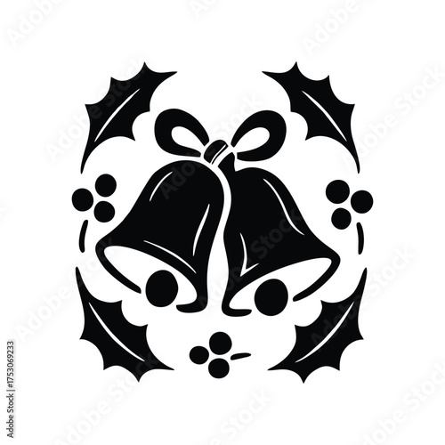 Festive Holiday Bells with Holly Leaves and Berries Icon Design Element for Seasonal Decorations
