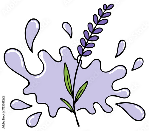 Lavender flower sprig with a purple liquid splash illustration