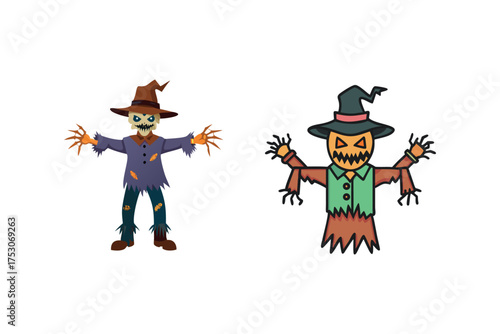Two halloween characters a witch and a scarecrow in cartoon silhouette
