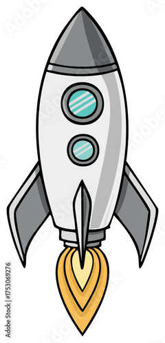 Stylized cartoon rocket launching into space with exhaust flame illustration.