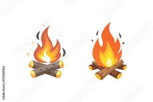 Two cartoon fire illustrations with burning wood logs vibrant and warm silhouette