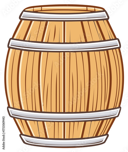 Cartoon wooden barrel with metal hoops for storage container illustration