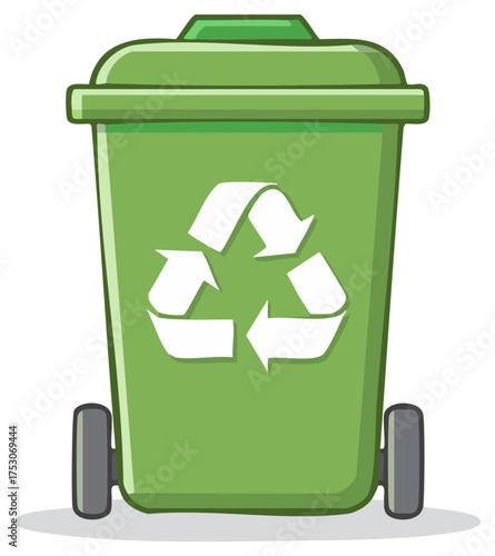 Green recycling bin cartoon illustration with universal recycle symbol and wheels