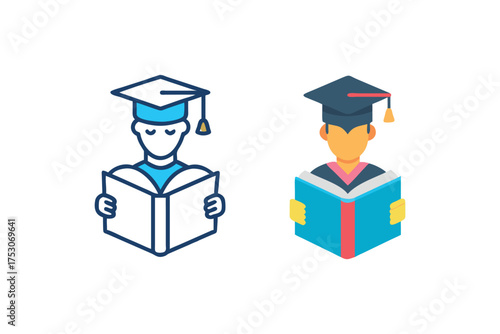 Two graduates with books depicted in a simple linear silhouette