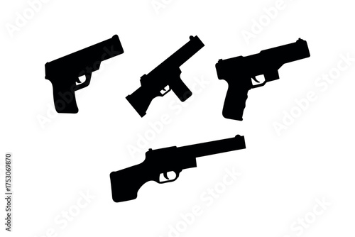 Four different handgun designs shown in a stark black silhouette