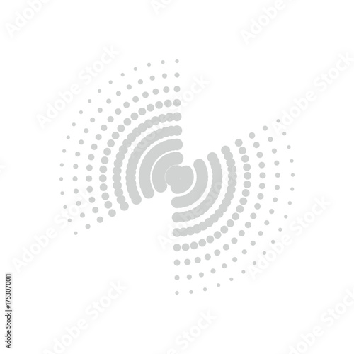 Abstract grey circular pattern of dots and concentric rings on a white background