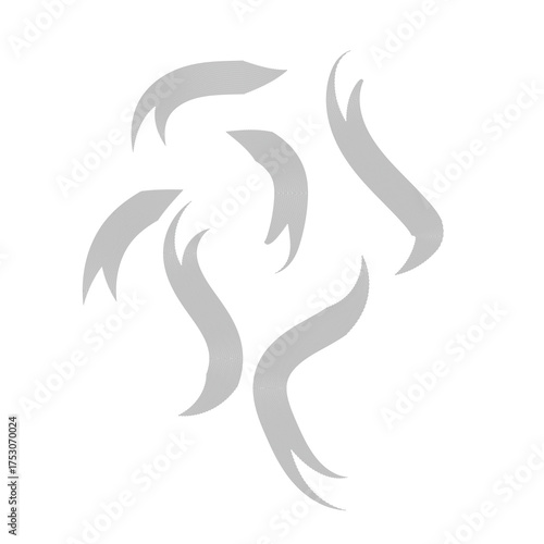 Abstract flowing grey ribbon-like shapes with fine line texture on a white background