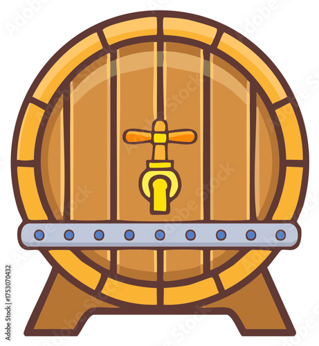 Wooden barrel with tap, vector illustration. Container for beer, wine, or other alcoholic beverages. Cartoon style drawing on isolated background.