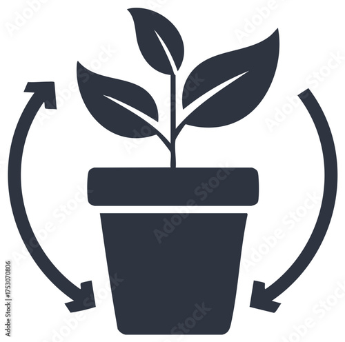 Potted plant with circular arrows signifying growth and cycles