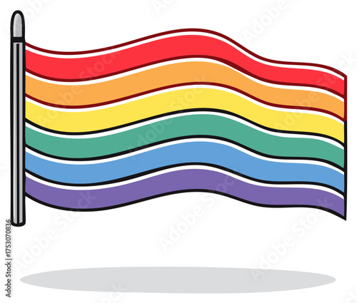 Cartoon Illustration of a Waving Rainbow Flag on a Flagpole with a Distinct Shadow