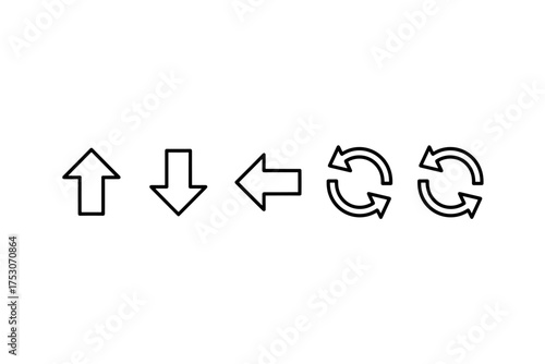 Set of minimalistic vector arrows in outline style, upward arrow, downward arrow, left arrow, sync icons, direction symbols, navigation pointers, interface design elements for technology and UI
