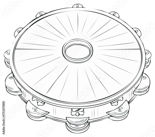 Line art illustration of a tambourine featuring a circular drum with jingles ready for coloring and creative projects