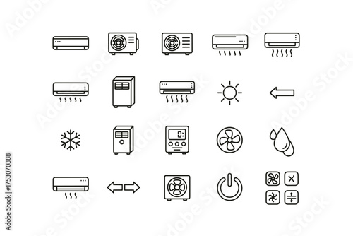 Air Conditioner and HVAC System Icon Set, Cooling and Heating Symbols, Climate Control, Temperature Regulation, Fan and Thermostat Controls, Energy Efficient Air Conditioning Vector