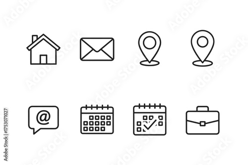 Minimalist business and communication icons set, house, envelope mail, location pins, email chat bubble, calendar with checkmark, and briefcase symbol, vector line art