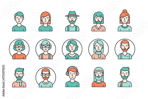 People avatar icon set. Diverse character portraits for user profiles. Men and women faces. Modern flat outline style. Vector illustration for social media or business team.